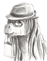 Size: 2740x3572 | Tagged: safe, artist:lady-limule, derpibooru import, oc, oc only, earth pony, pony, bag, bust, earth pony oc, glasses, grayscale, hat, monochrome, mouth hold, solo, traditional art