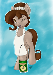 Size: 2611x3643 | Tagged: safe, artist:artbleed, derpibooru import, oc, oc:brownie bun, earth pony, pony, :p, abstract background, apron, clothes, earth pony oc, female, food, housewife, mare, naked apron, one eye closed, peanut butter, signature, solo, tongue out, wink