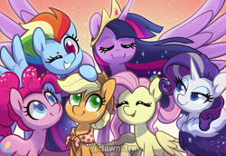 Size: 1308x900 | Tagged: safe, artist:dawnfire, applejack, fluttershy, pinkie pie, princess twilight 2.0, rainbow dash, rarity, twilight sparkle, twilight sparkle (alicorn), alicorn, earth pony, pegasus, pony, unicorn, the last problem, clothes, coat, eyes closed, fur coat, group shot, horn, lidded eyes, mane six, older, older applejack, older fluttershy, older mane six, older pinkie pie, older rainbow dash, older rarity, older twilight, one eye closed, smiling, watermark, wings, wink