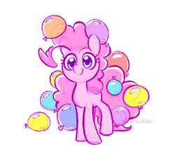 Size: 1129x1000 | Tagged: safe, artist:dawnfire, pinkie pie, earth pony, pony, balloon, cute, female, looking at you, mare, signature, simple background, smiling, white background