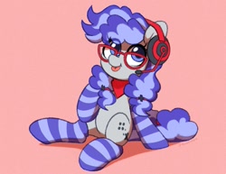 Size: 1263x976 | Tagged: safe, artist:dawnfire, oc, oc only, oc:cinnabyte, earth pony, pony, bandana, clothes, cute, female, glasses, headset, looking up, mare, mlem, signature, silly, simple background, sitting, socks, striped socks, tongue out