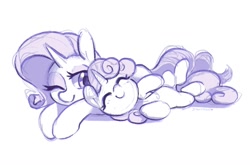 Size: 1500x991 | Tagged: safe, artist:dawnfire, rarity, sweetie belle, pony, unicorn, cute, eyes closed, female, filly, horn, lying down, mare, on side, one eye closed, siblings, signature, simple background, sisters, smiling, two toned mane, two toned tail, white background