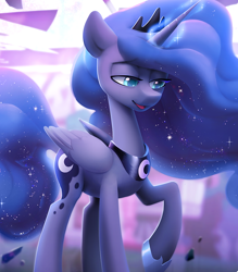 Size: 748x855 | Tagged: safe, artist:dawnfire, princess luna, alicorn, pony, fanfic:the enchanted kingdom, crown, dream realm, ethereal mane, fanfic art, female, hoof shoes, horn, jewelry, lidded eyes, magic, mare, open mouth, peytral, raised hoof, regalia, solo, wings