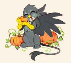 Size: 2000x1767 | Tagged: safe, artist:dawnfire, gabby, griffon, eyes closed, female, open mouth, pumpkin, signature, simple background, sitting, solo, spread wings, wings