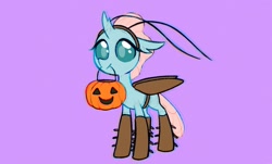 Size: 1684x1020 | Tagged: safe, artist:dawnfire, ocellus, changedling, changeling, cockroach, insect, bucket, clothes, costume, female, halloween, holiday, mouth hold, purple background, simple background, solo