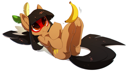 Size: 1280x724 | Tagged: safe, artist:hioshiru, oc, oc only, oc:kuruminha, earth pony, pony, banana, bangs, brazil, brchan, butt, chest fluff, deleted from derpibooru, ear fluff, face paint, feather, female, food, frog (hoof), mare, mascot, on back, plot, ponified, scrunchy face, simple background, solo, underhoof, white background