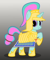 Size: 1093x1297 | Tagged: safe, artist:nick beard, oc, oc only, oc:sword glitter, pony, unicorn, armor, caparison, female, guardsmare, horn, looking at you, mare, raised hoof, royal guard, simple background, smiling