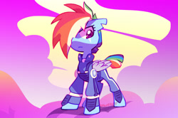 Size: 1608x1065 | Tagged: safe, artist:dawnfire, rainbow dash, pegasus, pony, the cutie re-mark, alternate timeline, amputee, apocalypse dash, artificial wings, augmented, crystal war timeline, eye scar, female, hair over one eye, looking down, mare, prosthetic limb, prosthetic wing, prosthetics, scar, signature, solo, wings