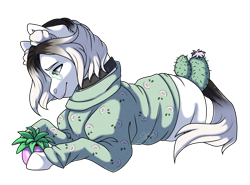 Size: 1280x946 | Tagged: safe, artist:silentwolf-oficial, derpibooru import, oc, oc only, earth pony, pony, cactus, clothes, collar, earth pony oc, lying down, plant, prone, signature, simple background, transparent background