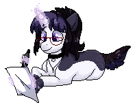 Size: 200x160 | Tagged: safe, artist:silentwolf-oficial, derpibooru import, oc, oc only, pony, unicorn, choker, glasses, glowing horn, horn, lying down, magic, pixel art, prone, signature, simple background, smiling, telekinesis, transparent background, unicorn oc, writing