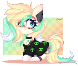 Size: 3152x2696 | Tagged: safe, artist:lazuli, derpibooru import, oc, oc only, alien, earth pony, pony, blushing, chest fluff, choker, clothes, commission, ear fluff, earth pony oc, eyelashes, one eye closed, signature, simple background, smiling, solo, transparent background, wink, ych result