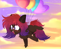 Size: 4236x3408 | Tagged: safe, artist:lazuli, derpibooru import, oc, oc only, oc:shaded star, earth pony, pony, balloon, chest fluff, cloud, commission, earth pony oc, eyelashes, floating, flying, open mouth, outdoors, smiling, solo, then watch her balloons lift her up to the sky, ych result