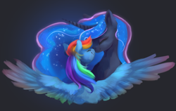 Size: 2385x1511 | Tagged: safe, artist:meringuebell, derpibooru import, princess luna, rainbow dash, alicorn, pegasus, pony, /mlp/, 4chan, black background, boop, bust, cute, dashabetes, eyes closed, female, happy, lesbian, lunabetes, lunadash, mare, miss /mlp/ 2020, noseboop, shipping, simple background, smiling, spread wings, wings