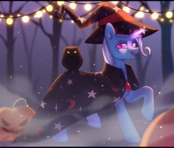 Size: 1280x1092 | Tagged: safe, artist:anku, derpibooru import, trixie, bird, owl, pony, unicorn, blue coat, costume, detailed background, female, fog, glowing horn, jack-o-lantern, mare, nightmare night, open mouth, pumpkin, raised hoof, signature, smiling, solo, witch costume, witch hat