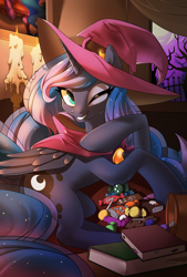 Size: 2880x4272 | Tagged: safe, artist:renokim, derpibooru import, princess luna, alicorn, pony, book, candle, candy, female, food, halloween, hat, holiday, korean, looking at you, mare, one eye closed, smiling, solo, wink, witch costume, witch hat