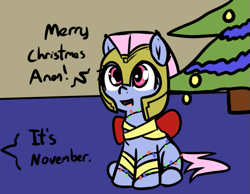 Size: 757x586 | Tagged: safe, artist:neuro, oc, oc only, crystal pony, pegasus, pony, armor, bow, christmas, christmas lights, christmas tree, cute, dialogue, female, garland, guardsmare, helmet, holiday, mare, offscreen character, open mouth, royal guard, sitting, tree, wrapped up