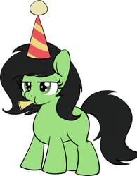 Size: 640x819 | Tagged: safe, artist:anonymous, edit, oc, oc only, oc:anon filly, earth pony, pony, cropped, female, filly, hat, musical instrument, party hat, simple background, solo, transparent background, unamused