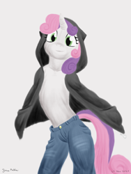 Size: 1800x2400 | Tagged: safe, artist:rockhoppr3, derpibooru import, sweetie belle, anthro, unicorn, clothes, hands in pockets, hoodie, hooves in pockets, jeans, looking at you, pants, partial nudity, solo, topless