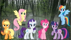 Size: 4096x2304 | Tagged: safe, artist:muj76, derpibooru import, applejack, fluttershy, pinkie pie, rainbow dash, rarity, twilight sparkle, unicorn twilight, earth pony, pegasus, pony, unicorn, looking at you, mane six, swamp