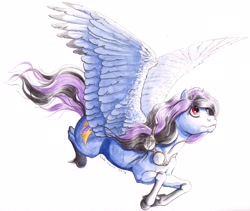 Size: 2903x2453 | Tagged: safe, artist:lady-limule, derpibooru import, oc, oc only, pegasus, pony, flying, goggles, pegasus oc, solo, traditional art, wings