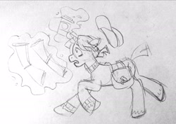 Size: 2048x1452 | Tagged: dead source, safe, artist:smol_andriusha, derpibooru import, oc, oc only, pony, unicorn, bag, clothes, glowing horn, hat, horn, lineart, magic, monochrome, running, saddle bag, solo, telekinesis, traditional art, transgender, unicorn oc