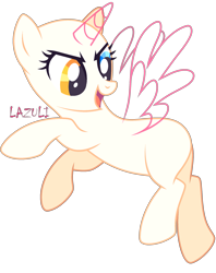 Size: 1825x2304 | Tagged: safe, artist:lazuli, derpibooru import, oc, oc only, alicorn, pony, alicorn oc, bald, base, eyelashes, flying, heterochromia, horn, looking back, open mouth, signature, simple background, solo, transparent background, wings