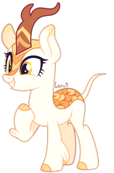 Size: 1521x2304 | Tagged: safe, artist:lazuli, derpibooru import, oc, oc only, kirin, bald, base, cloven hooves, eyelashes, grin, hooves to the chest, horn, kirin oc, signature, simple background, smiling, solo, transparent background