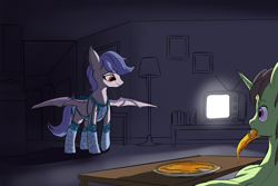 Size: 1500x1000 | Tagged: safe, anonymous artist, derpibooru import, anonpony, oc, oc only, oc:anon, oc:nocturnal pike, bat pony, pony, unicorn, fanfic:the long and short of it, apron, clothes, dark room, food, pizza, reversed gender roles equestria, reversed gender roles equestria general, spread wings, television, wings