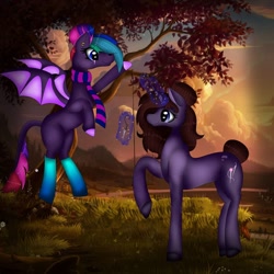 Size: 1080x1080 | Tagged: safe, artist:rxndxm.artist, derpibooru import, oc, oc only, bat pony, pony, unicorn, bat pony oc, bat wings, clothes, duo, glowing horn, horn, magic, outdoors, raised hoof, socks, sunset, telekinesis, tree, unicorn oc, wings