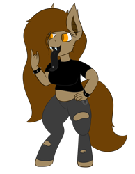 Size: 1668x2150 | Tagged: safe, artist:yannerino, derpibooru import, oc, oc only, oc:yan, anthro, bat pony, anthro oc, black tongue, bracelet, clothes, devil horn (gesture), fangs, female, jewelry, long tongue, midriff, pants, piercing, ripped pants, shirt, short shirt, simple background, solo, tongue out, tongue piercing, torn clothes, transparent background