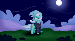 Size: 7559x4157 | Tagged: safe, artist:background basset, derpibooru import, lyra heartstrings, pony, unicorn, fanfic:background pony, bush, dig the swell hoodie, female, mare, moon, night, solo, tired, wind