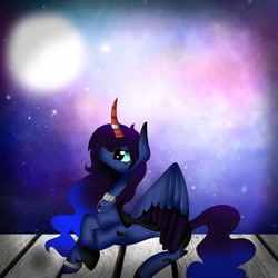 Size: 1080x1080 | Tagged: safe, artist:rxndxm.artist, derpibooru import, oc, oc only, alicorn, pony, alicorn oc, collar, curved horn, ethereal mane, horn, horn ring, lying down, prone, ring, smiling, solo, starry mane, two toned wings, wings