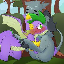 Size: 1040x1040 | Tagged: safe, artist:techgear, derpibooru import, gabby, spike, dragon, griffon, background, boop, cheering up, cuddling, cute, female, fluffy, fluffy griffon, gabbybetes, kneeling, male, paws, shipping, spabby, spread wings, straight, underpaw, wings