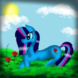 Size: 1080x1080 | Tagged: safe, artist:rxndxm.artist, derpibooru import, oc, oc only, earth pony, pony, cloud, earth pony oc, flower, grass, lying down, outdoors, prone, rose, solo