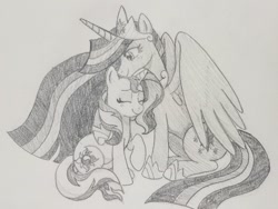 Size: 640x480 | Tagged: safe, artist:mossheartlesbian, derpibooru import, princess twilight 2.0, sunset shimmer, twilight sparkle, twilight sparkle (alicorn), alicorn, unicorn, the last problem, female, hug, lesbian, pencil drawing, shipping, size difference, sunsetsparkle, traditional art