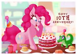 Size: 1280x920 | Tagged: safe, artist:thotdog, derpibooru import, gummy, pinkie pie, alligator, earth pony, pony, birthday candles, burger, cake, candle, female, food, happy birthday mlp:fim, hat, hay burger, mare, mlp fim's tenth anniversary, open mouth, party hat, smiling