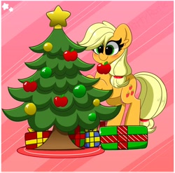Size: 4096x4049 | Tagged: safe, artist:kittyrosie, derpibooru import, applejack, earth pony, pony, blushing, christmas, christmas tree, cute, female, holiday, jackabetes, mare, mouth hold, ornament, present, solo, tree