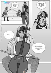 Size: 1200x1697 | Tagged: safe, artist:pia-sama, derpibooru import, octavia melody, rainbow dash, spike, anthro, dragon, earth pony, pegasus, comic:rogue diamond, bow (instrument), cello, cello bow, clothes, female, fishnet stockings, male, mare, monochrome, musical instrument, older, older spike, stockings, thigh highs