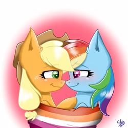 Size: 3098x3098 | Tagged: safe, artist:galaxy swirl, derpibooru import, applejack, rainbow dash, earth pony, pegasus, pony, appledash, clothes, female, lesbian, lesbian pride flag, pride, pride flag, shared clothing, shipping