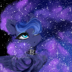 Size: 3000x3000 | Tagged: safe, artist:livitoza, derpibooru import, princess luna, alicorn, pony, bust, chest fluff, choker, ear fluff, ethereal mane, female, folded wings, hair over one eye, looking up, mare, portrait, solo, starry mane, three quarter view, wings