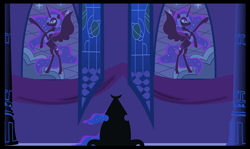 Size: 1012x603 | Tagged: safe, artist:spokenmind93, derpibooru import, nightmare moon, oc, oc:nyx, alicorn, comic:past sins, banner, castle, pillar, rearing, stained glass, stained glass window, throne, throne room, window pane