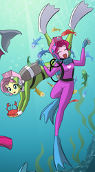 Size: 1300x2359 | Tagged: safe, artist:smeadows, derpibooru import, edit, fluttershy, pinkie pie, crab, dolphin, fish, equestria girls, bubble, cropped, diving suit, duo, duo female, female, scuba, seaweed, swimming, underwater, wetsuit