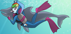 Size: 1702x817 | Tagged: safe, artist:smeadows, derpibooru import, edit, rainbow dash, dolphin, equestria girls, bubble, cropped, diving suit, female, scuba, solo, swimming, underwater, wetsuit