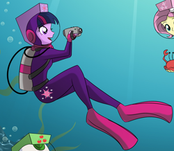 Size: 1518x1321 | Tagged: safe, artist:smeadows, derpibooru import, edit, applejack, fluttershy, twilight sparkle, crab, equestria girls, bubble, camera, cropped, diving suit, scuba, seaweed, solo focus, swimming, underwater, wetsuit