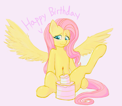 Size: 927x808 | Tagged: safe, artist:owlnon, derpibooru import, fluttershy, pegasus, pony, blushing, cake, food, solo, strategically covered