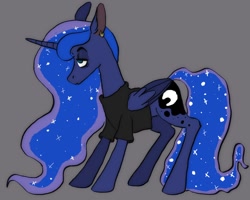 Size: 1000x798 | Tagged: safe, artist:basidia, derpibooru import, princess luna, alicorn, pony, clothes, ear piercing, earring, female, jewelry, piercing, shirt, simple background, solo, tired