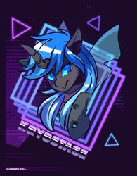 Size: 1280x1645 | Tagged: safe, artist:ciderpunk, derpibooru import, oc, oc:kryostasis, changeling, blue changeling, changeling oc, commission, retro, retrowave, synthwave