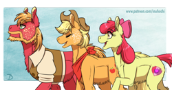 Size: 1800x941 | Tagged: safe, artist:inuhoshi-to-darkpen, derpibooru import, apple bloom, applejack, big macintosh, earth pony, pony, alternate universe, apple siblings, apple sisters, applejack's hat, bandana, beard, belly fluff, brother and sister, chest fluff, clothes, cowboy hat, ear fluff, eyes closed, facial hair, female, freckles, hat, male, older, older apple bloom, open mouth, siblings, sisters