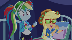 Size: 1920x1080 | Tagged: safe, derpibooru import, screencap, applejack, rainbow dash, accountibilibuddies, accountibilibuddies: rainbow dash, better together, equestria girls, bed