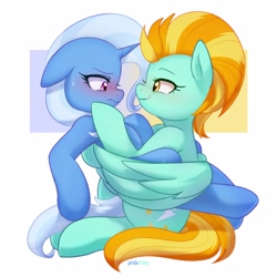 Size: 4094x4096 | Tagged: safe, artist:maren, derpibooru import, lightning dust, trixie, pegasus, pony, unicorn, blushing, commission, crack shipping, cute, female, horn, lesbian, looking at each other, mare, shipping, trixiedust, wings
